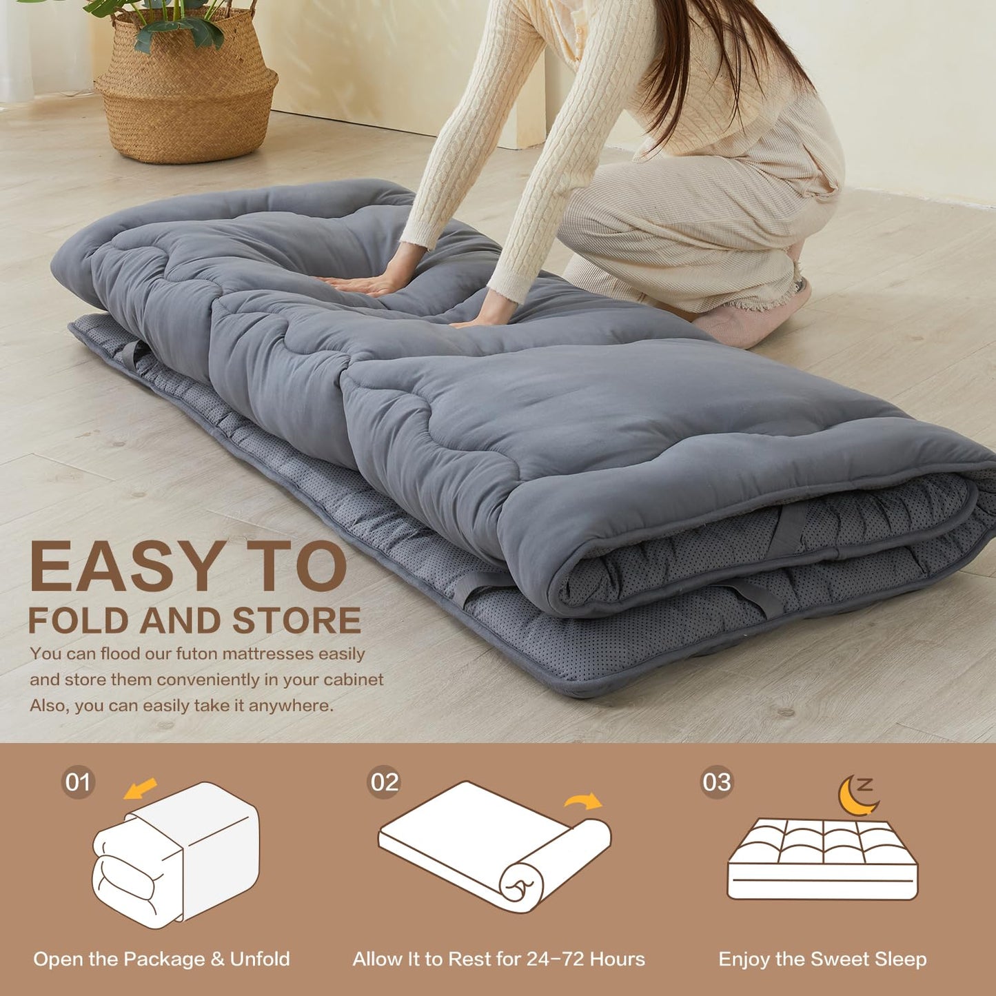 SAPHREAS Japanese Futon Mattress Floor Mattress Full, Foldable Roll Up Bed Mattress Topper with Elastic Straps, Tatami Mat Sleeping Pad for Camping, Grey