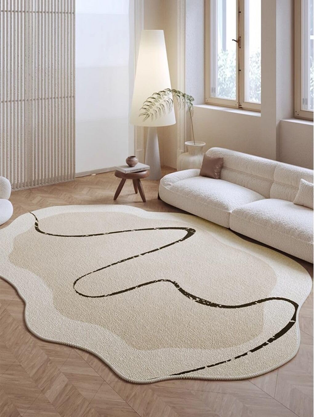 5x8 Irregular Rug Modern Minimalist Off White Brown Line Art Deco Abstract Shaped Rug for Meetingroom Bedroom Living Room Washable Thin Plush Carpet Non Skid Easy Clean Nursery Indoor Floorcovers