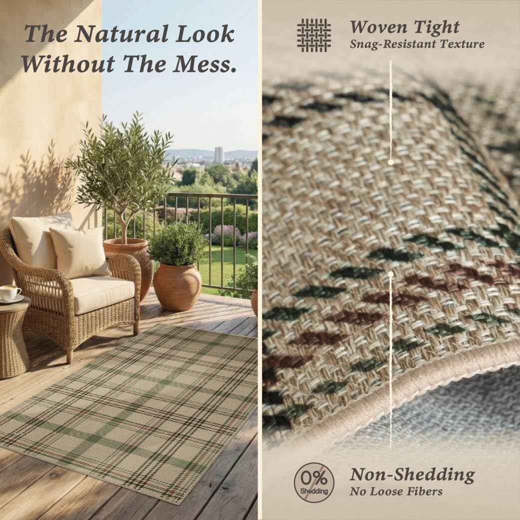 JTJ 5x7 Plaid Area Rug for Living Room - Large Indoor Outdoor Rug for Porch, Bedroom Under Bed, Non Slip Modern Farmhouse, Easy Jute Washable Beige and Sage Green Striped Aesthetic Room Decor
