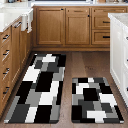 Tyrot Black Grey Kitchen Rugs Set of 2 Cushioned Anti Fatigue Kitchen Mats for Floor Non-Slip Waterproof Kitchen Floor Mats Geometric Ergonomic Cushioned Comfort Standing Mat for Laundry, Office, Sink