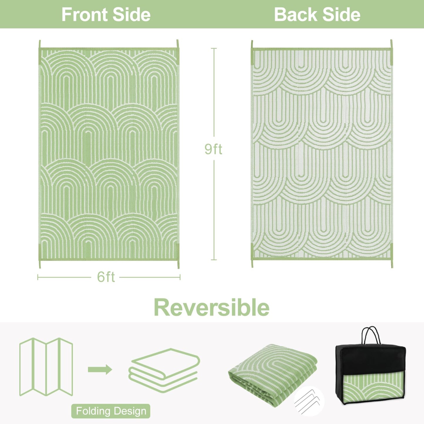 Lahome Deck Rugs Outdoor Waterproof 6x9 Patio Outside Rug, Plastic Straw Reversible Rv Mat,Large Portable Porch Camping Carpet for Balcony Tent (Rainbow Green, 6'x9')