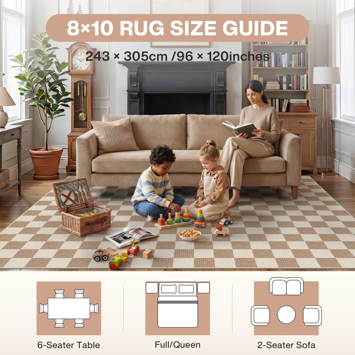 Tribesigns Checkered Washable 8x10 Area Rugs for Living Room, Soft Non-Slip Brown Bedroom Dining Room Rug, Geometric Neutral Printed Carpet for Playroom Home Decor, Oeko-Tex Certified