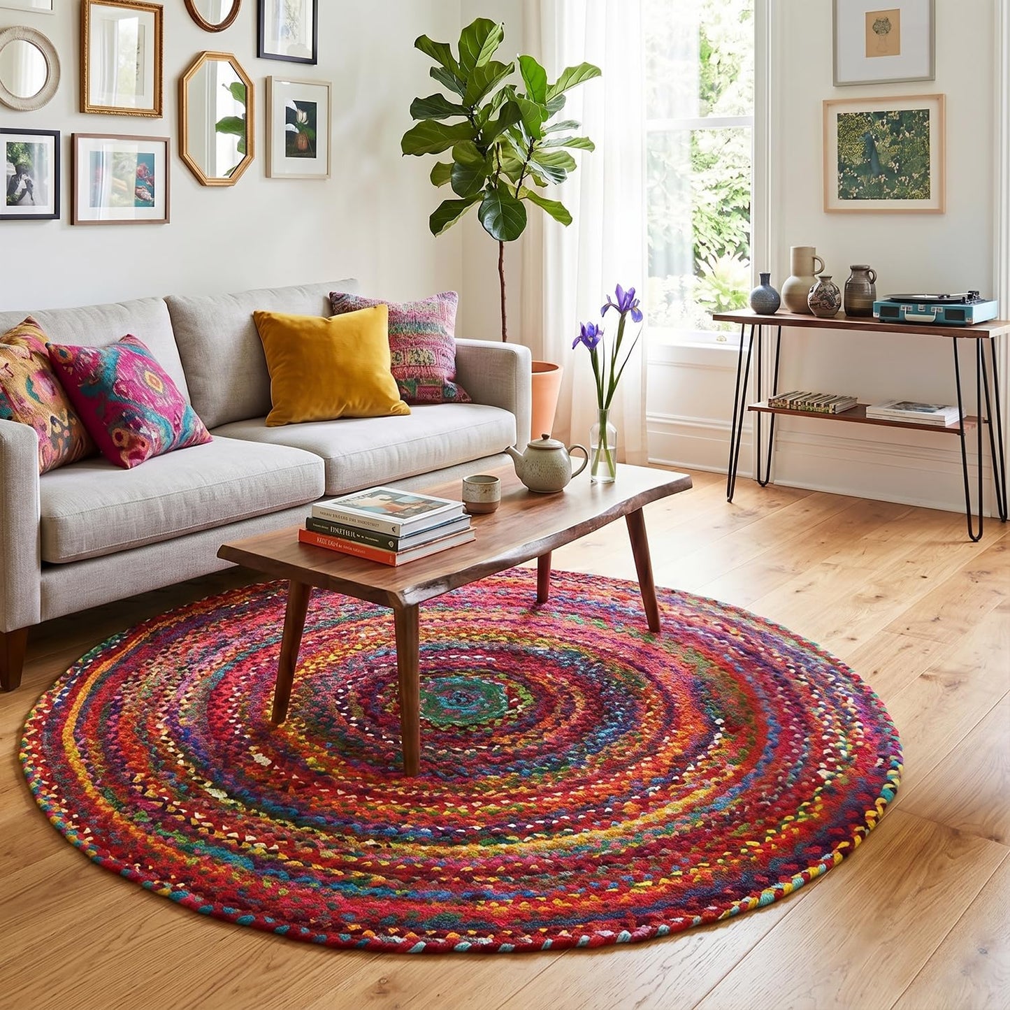 GRUHUM Cotton Area Rug 5ft-Natural Fiber Round Multicolour Handmade Boho Charm Farmhouse Soft Braided Rustic Vintage for Living Room Bedroom Indoor EcoFriendly Kitchen Enterways Hallways(5'ft Round)