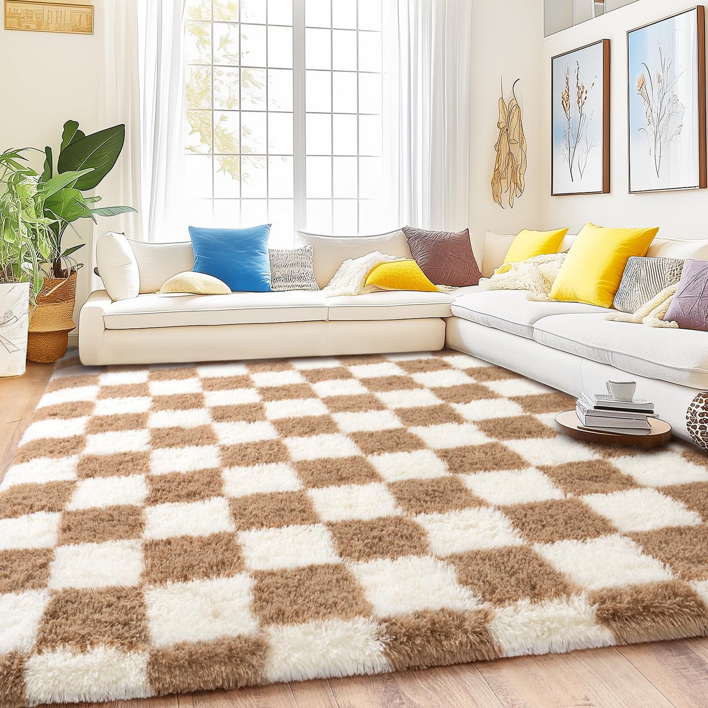 Quntue Rugs for Bedroom, 4x6 Fluffy Fuzzy Shag Checkered Area Rug for Living Room, Modern Plush Soft Upgrade Non-Slip Carpet for Kids Girls and Boys Room Dorm Nursery Home Decor, Cream and Beige