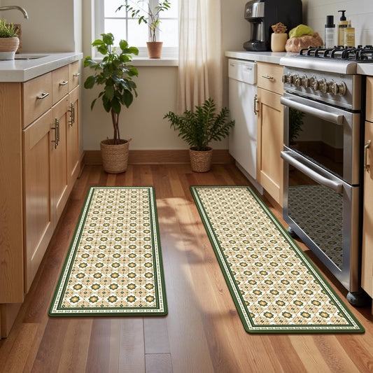 CHICNOOK Vintage Floral Tile Kitchen Rug Set of 2, Thick Anti-Fatigue Non-Slip Decor Kitchen Mats, Cream PVC Waterproof Floor Mats, Soft Comfort Runner Rug for Sink, Laundry, Front & Indoor Doors