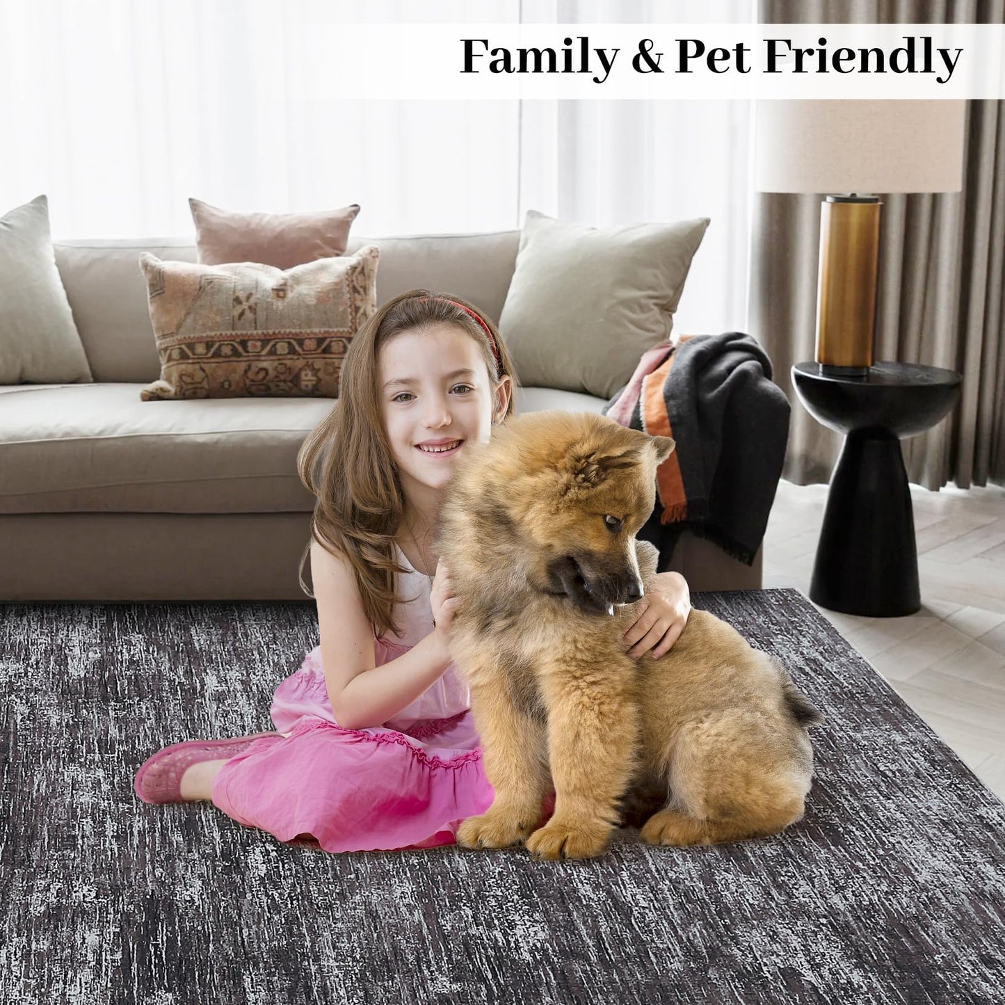 GarveeHome 8x10 Large Living Room Rug Machine Washable Area Rugs for Bedroom, Modern Solid Color Rugs with Rubber Backing, Stain Resistant Low Pile Neutral Mats for Bedroom, Dining Room, Dark Grey