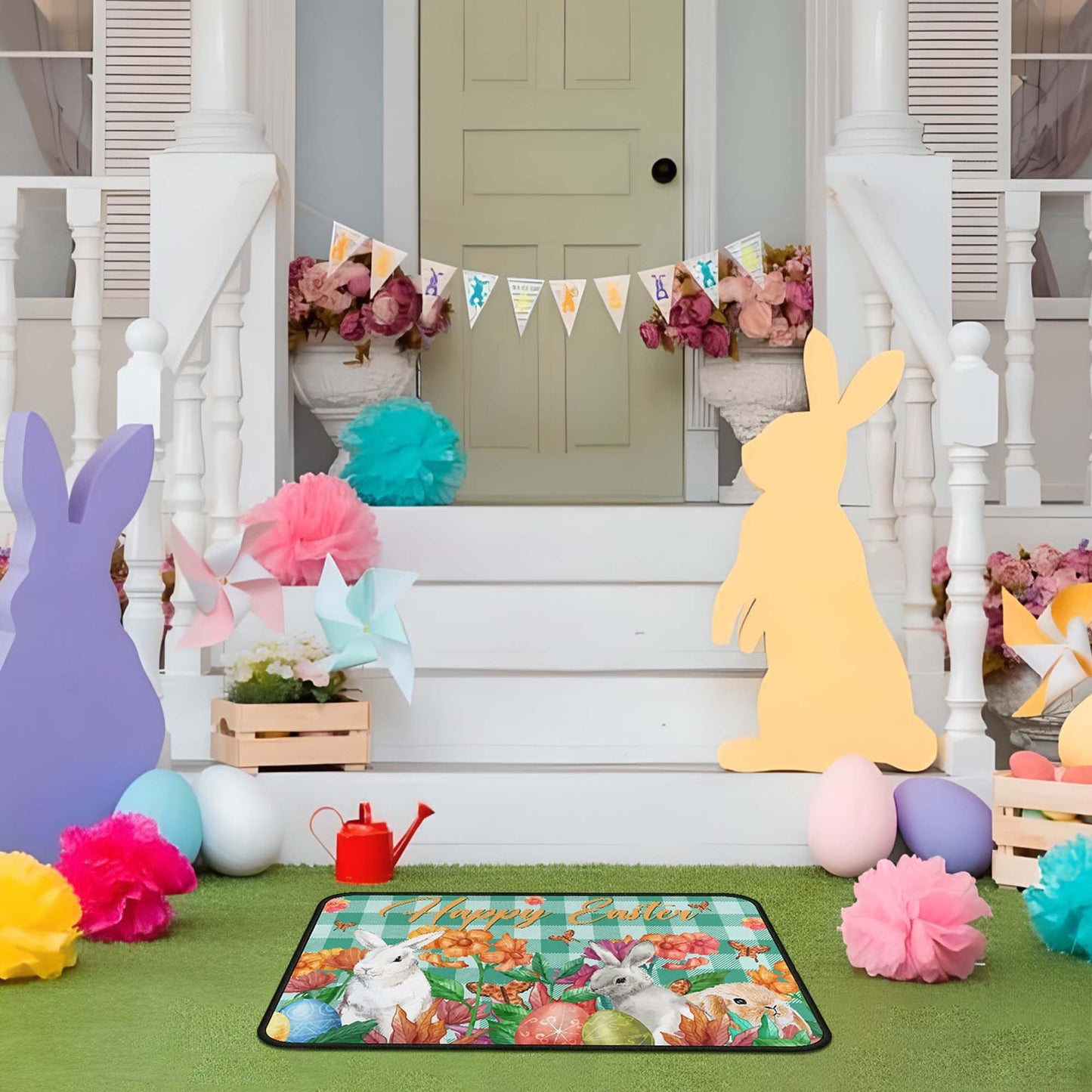 OUXIOAZ Happy Easter Flowers Eggs Bunny Rabbits Kitchen Rugs Set of 2, Spring and Summer Holiday Decorations for Home Kitchen 17"x47"+17"x30"