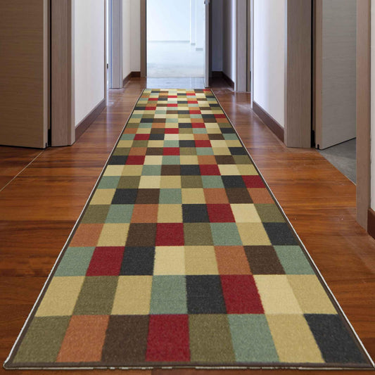Ottomanson 2'7" x 12' Hallway Runner Rug – Non Slip Low Pile Carpet Runner for Entryways, Stairs, Corridors & High Traffic Areas, Checkered Multicolor