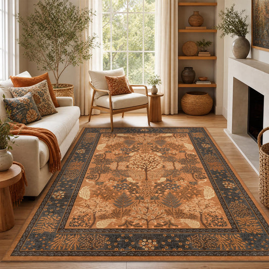 Garvee 5x7 Forest Area Rug Washable Rugs for Living Room, Soft Low Pile Non Slip Peacock Animal Print for Bedroom Farmhouse Throw Rug Indoor Carpet Dining Room Playroom Decor, Terracotta Orange