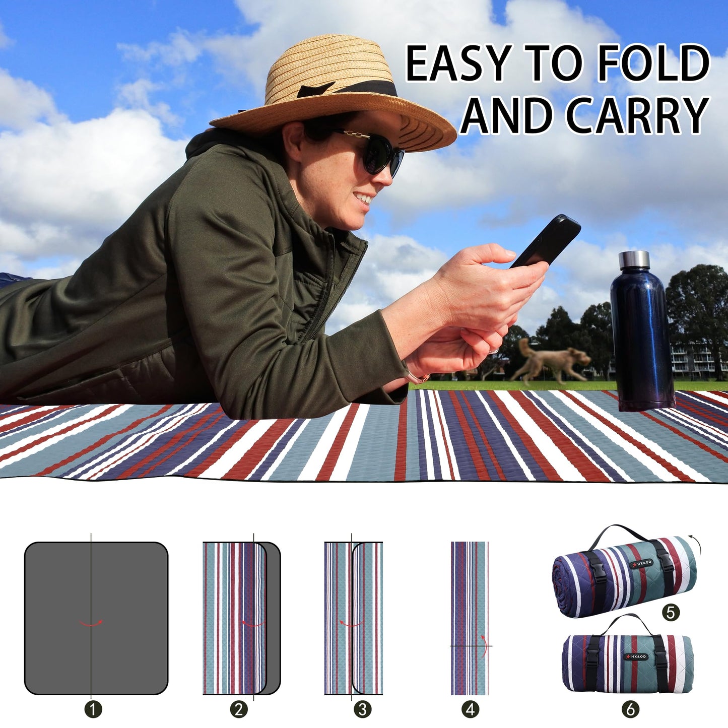 HX&OD Extra Large Picnic Blanket Outdoor 80”x80” Waterproof Picnic Mat Foldable 3-Layer Camping Blanket Portable with Carry Strap Park Blanket for Grass(Red)