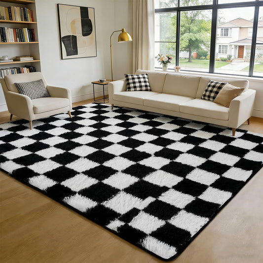 ThreadGlobe Checkered Shag Area Rug 8'x10', Black and White Plush Rug for Living Room, Non-Slip Soft Carpet for Bedroom Nursery, Modern Floor Decor with Grid Pattern, 8x10