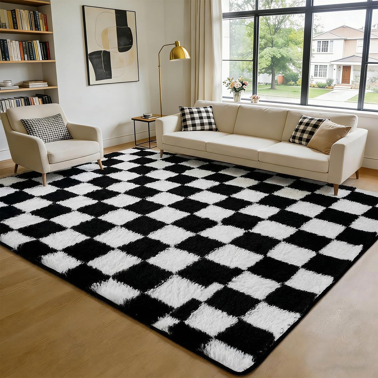 ThreadGlobe Checkered Shag Area Rug 4'x6', Black and White Plush Rug for Living Room, Non-Slip Soft Carpet for Bedroom Nursery, Modern Floor Decor with Grid Pattern, 4x6