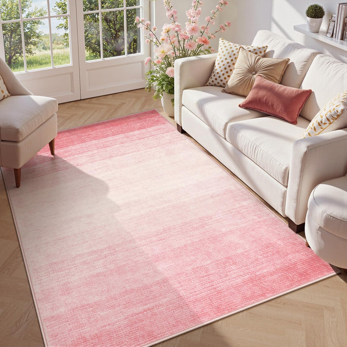 Wonnitar Washable Light Pink Rug, 5x7 Modern Ombre Rugs for Living Room, Non-Slip Abstract Area Rug for Bedroom Girls, Non-Shedding Soft Large Throw Carpet for Bathroom (Pink, 5'x7')