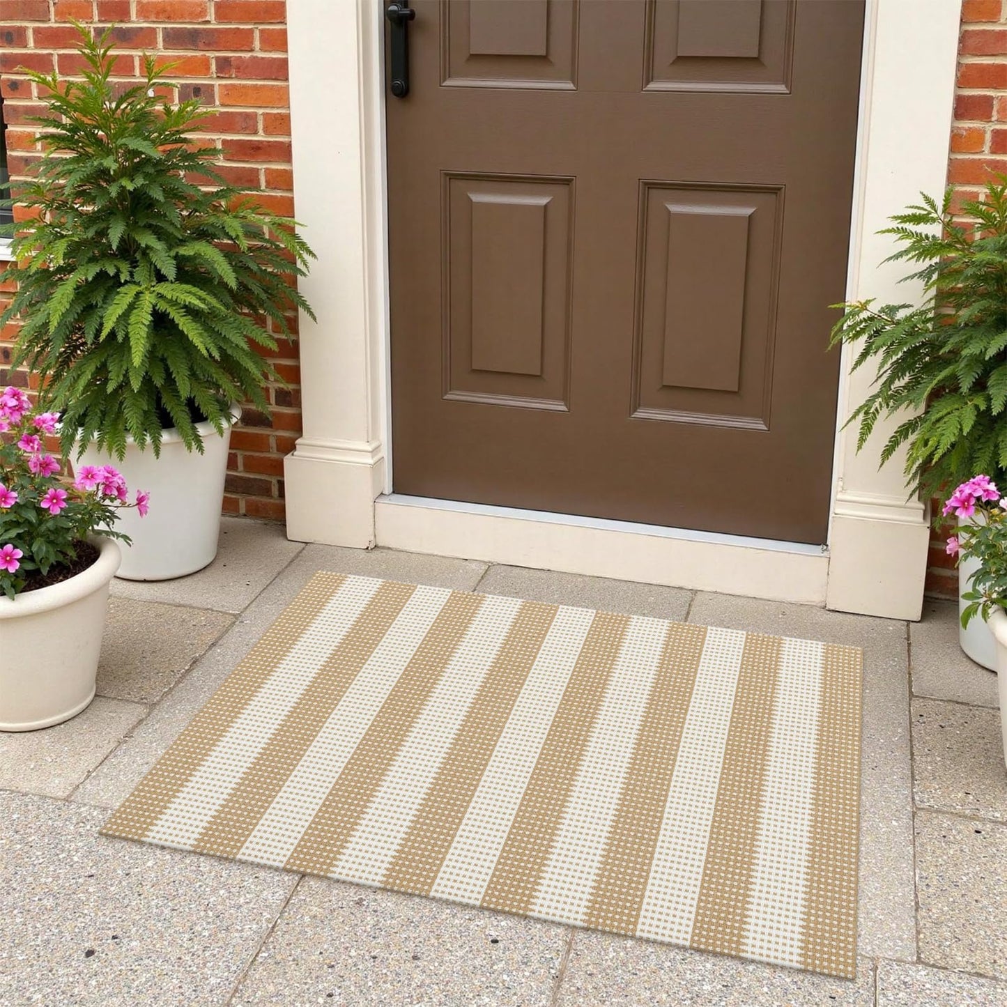 Rugalia Washable Woven Indoor Outdoor Doormat, 2x3 Khaki Cotton Striped Entryway Rug Low Pile Non-Slip Small Kitchen Rug, Modern Farmhouse Throw Carpet for Porch Bathroom Bedroom