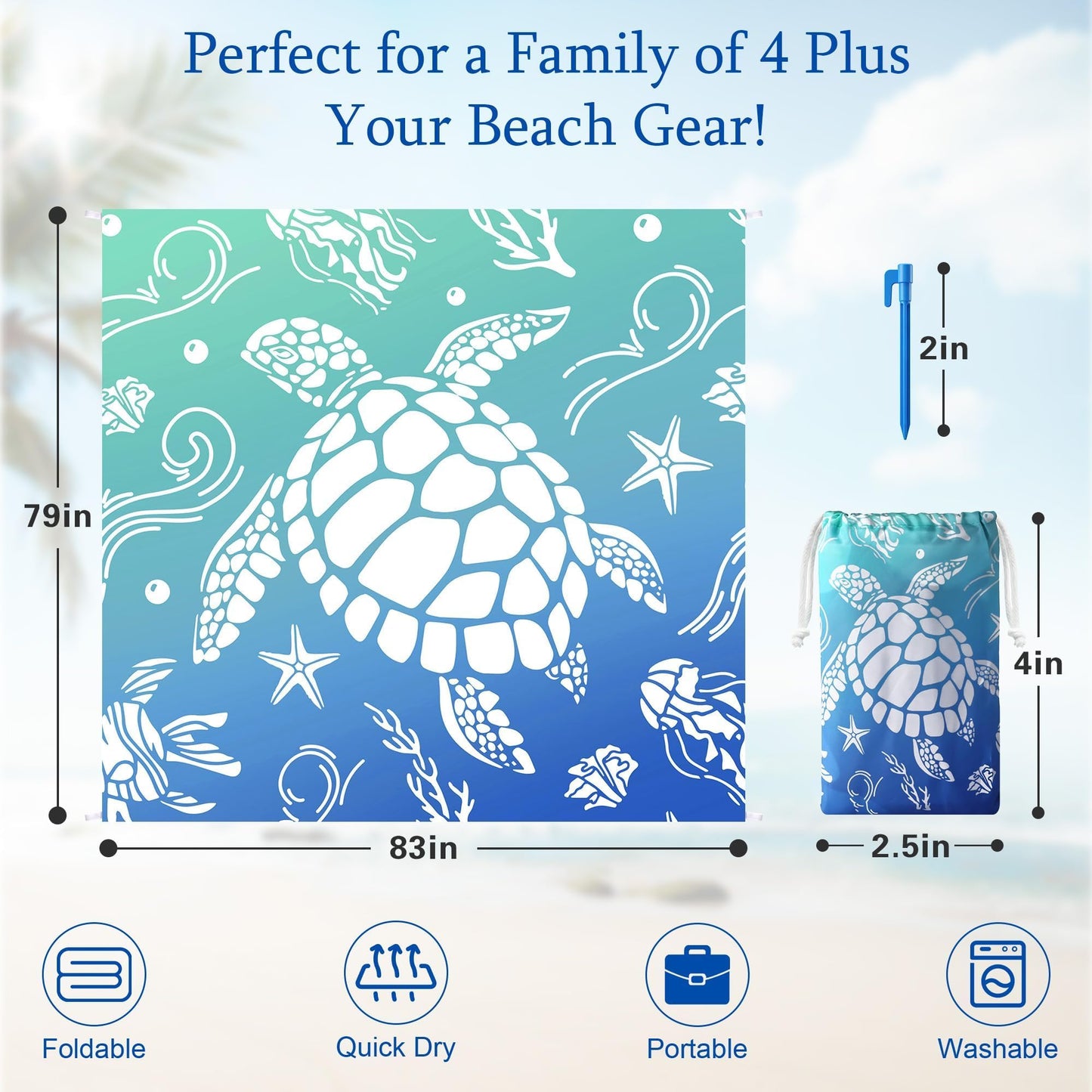 MelonBoat Beach Blanket: Blue Sea Turtle Beach Mat, 79''x83'' Large Sandproof Sand Free Waterproof Quick Dry, Lightweight Outdoor Rug for Trip Vacation Summer Travel Picnic Camping Pool Swim