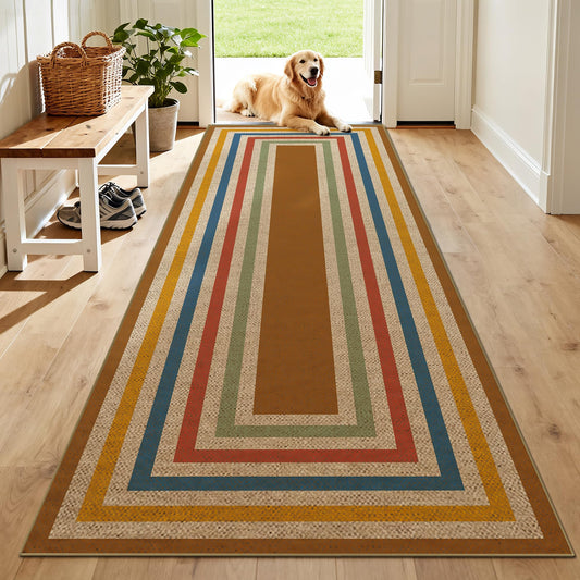 JROSING Washable Striped Easy Jute Runner Rug 2x6, Colorful Boho Geometric Outdoor Indoor Patio Rug, Woven Non Slip Thin Neutral Long Runner Carpet Mat for Hallway Kitchen Entryway Porch Farmhouse