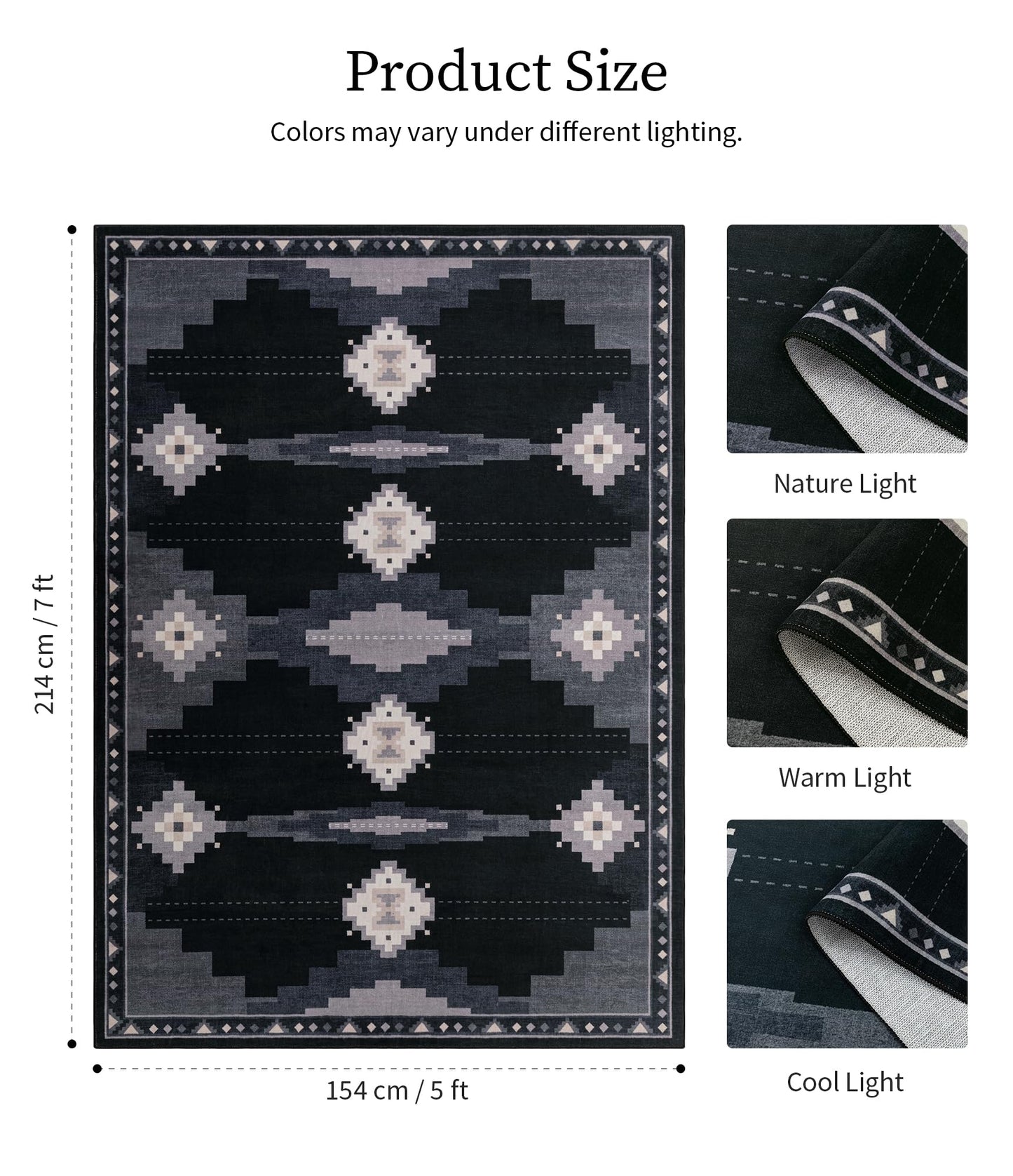 5'x7' Washable Area Rug for Living Room, Black and Grey Western Aztec Rug
