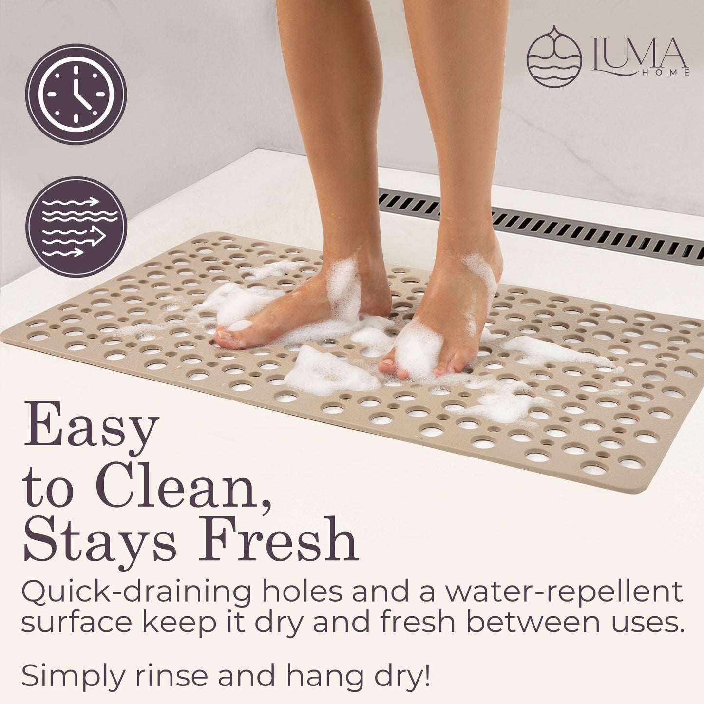 LUMA HOME Non Slip Shower Mat for Bathtub, Beige TPE Bath Mat with Strong Suction Cups, Quick-Dry Drain Holes, Soft Textured Surface, Spa-Inspired, 30x17 Inch