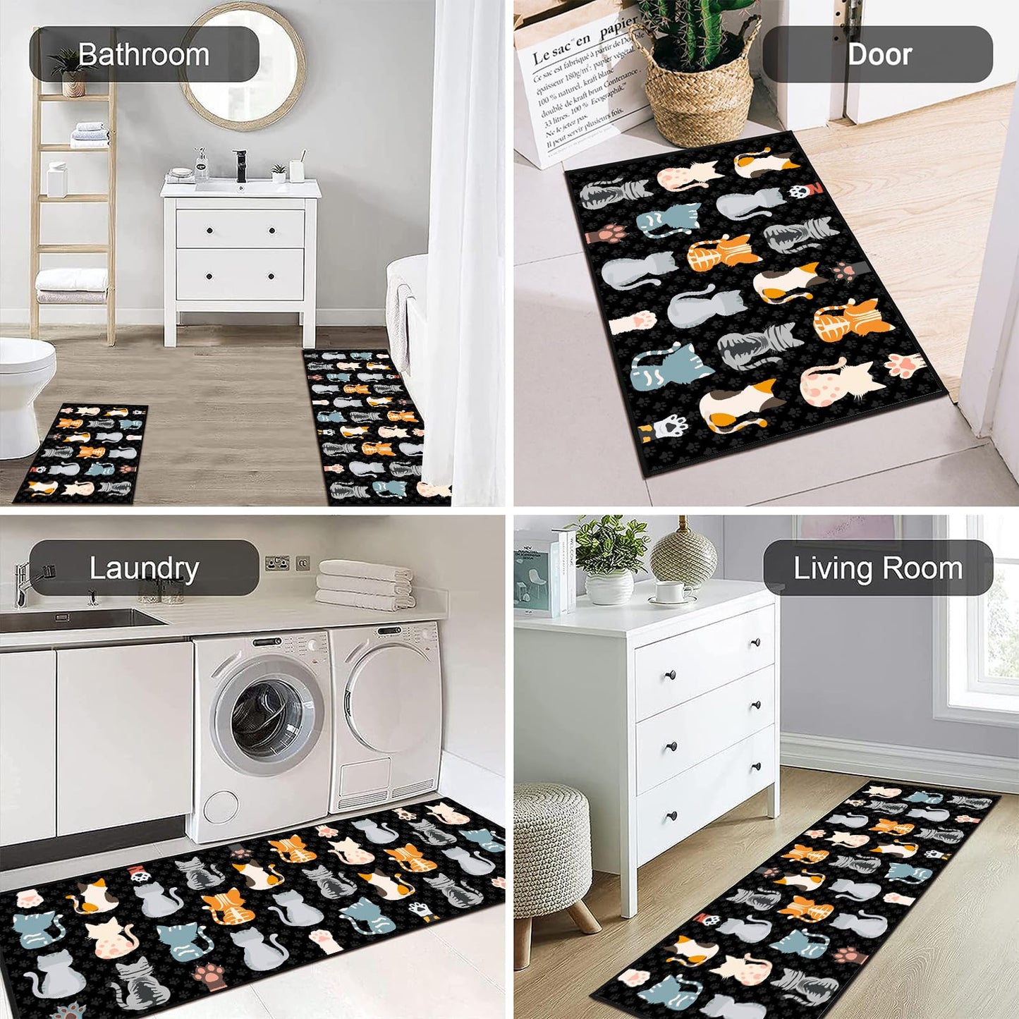 JWXCBIM Cat Kitchen Rug 2 Piece Set, Country Farmhouse Style Decor Kitchen Floor Mat, Non-Slip Absorbent and Washable Runner Rug, Funny Cat Black Kitchen Decorations 17x30+17x47 Inches
