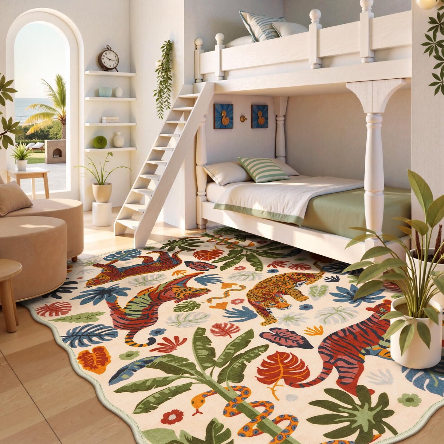 LEEVAN 5x7 Animal Area Rugs Washable Beige Tiger Living Room Rugs Non Slip Scalloped Tiger Bedroom Rug Low Pile Leopard Nursery Floor Carpet Jungle Leaf Print Kids Rug