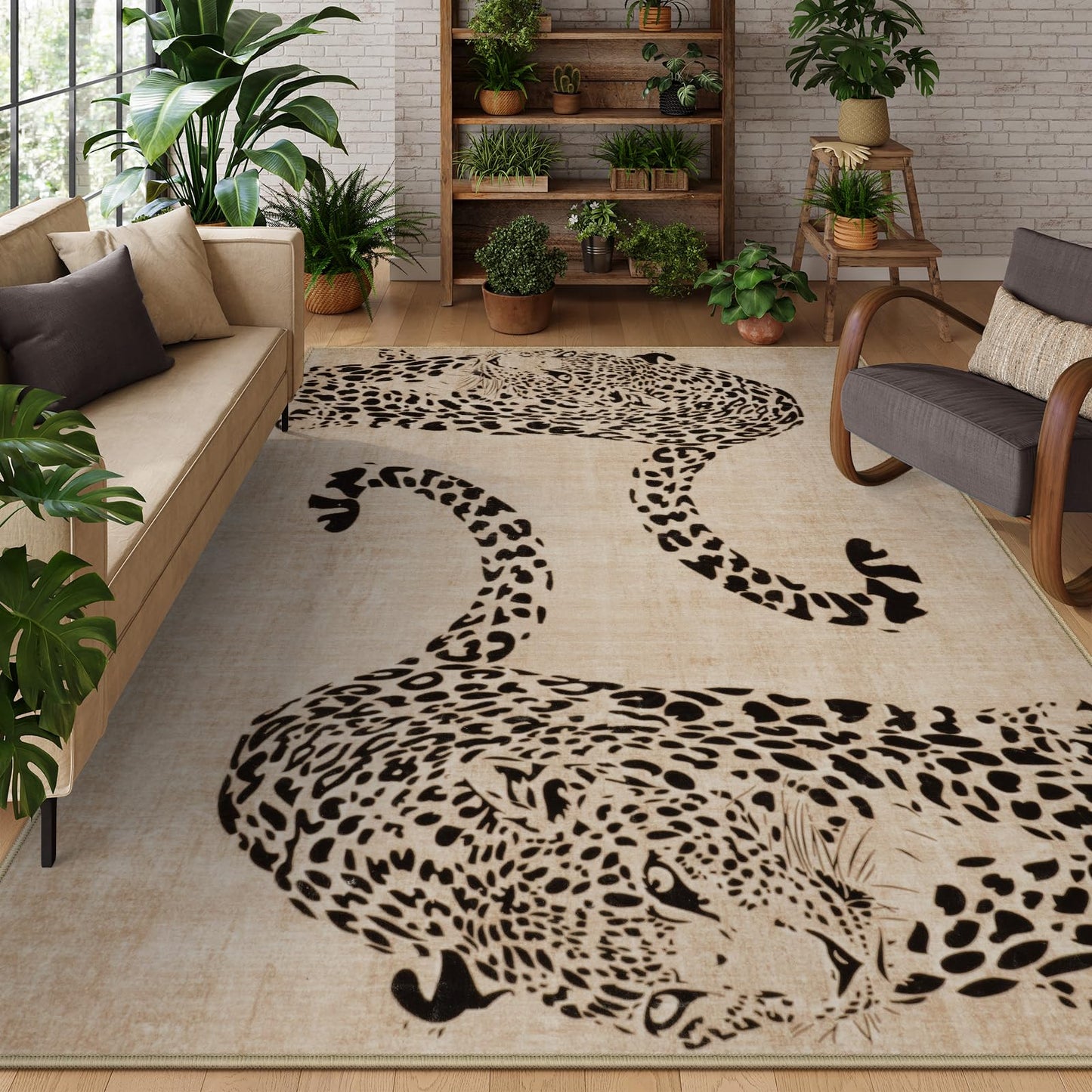 OJIA Leopard Print Rugs for Living Room Beige 8x10 Rug Washable Area Rugs for Bedroom, Modern Non-Slip Ultra-Thin Soft Large Carpet Non-Shedding Nursery Rug for Kids Playroom Dining Room Home Decor