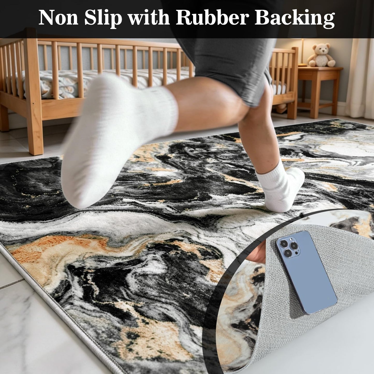 Yinhua Washable Round Rug 6ft, Circle Black and Gold Rug Non Slip, Soft Faux Wool Marble Rugs Non Shedding, Low Pile Abstract Area Rugs, Stain Resistant Carpet for Dining Room Table Nursery
