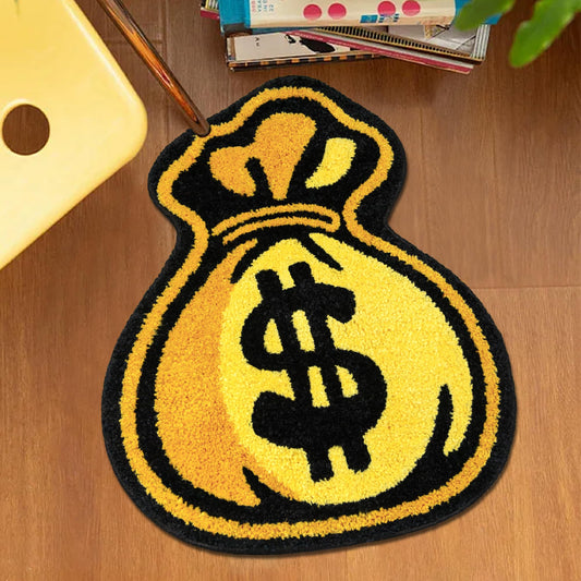 Didswuit Black-Gold Pouch Purse Tufted Rug, Cartoon Lucky Money Bag Print Carpet, Funky Golden Money Bag Bath Mat, 19.7"x15.8" Soft Bedroom Living Room Doormat Decor Floor Mat Washable