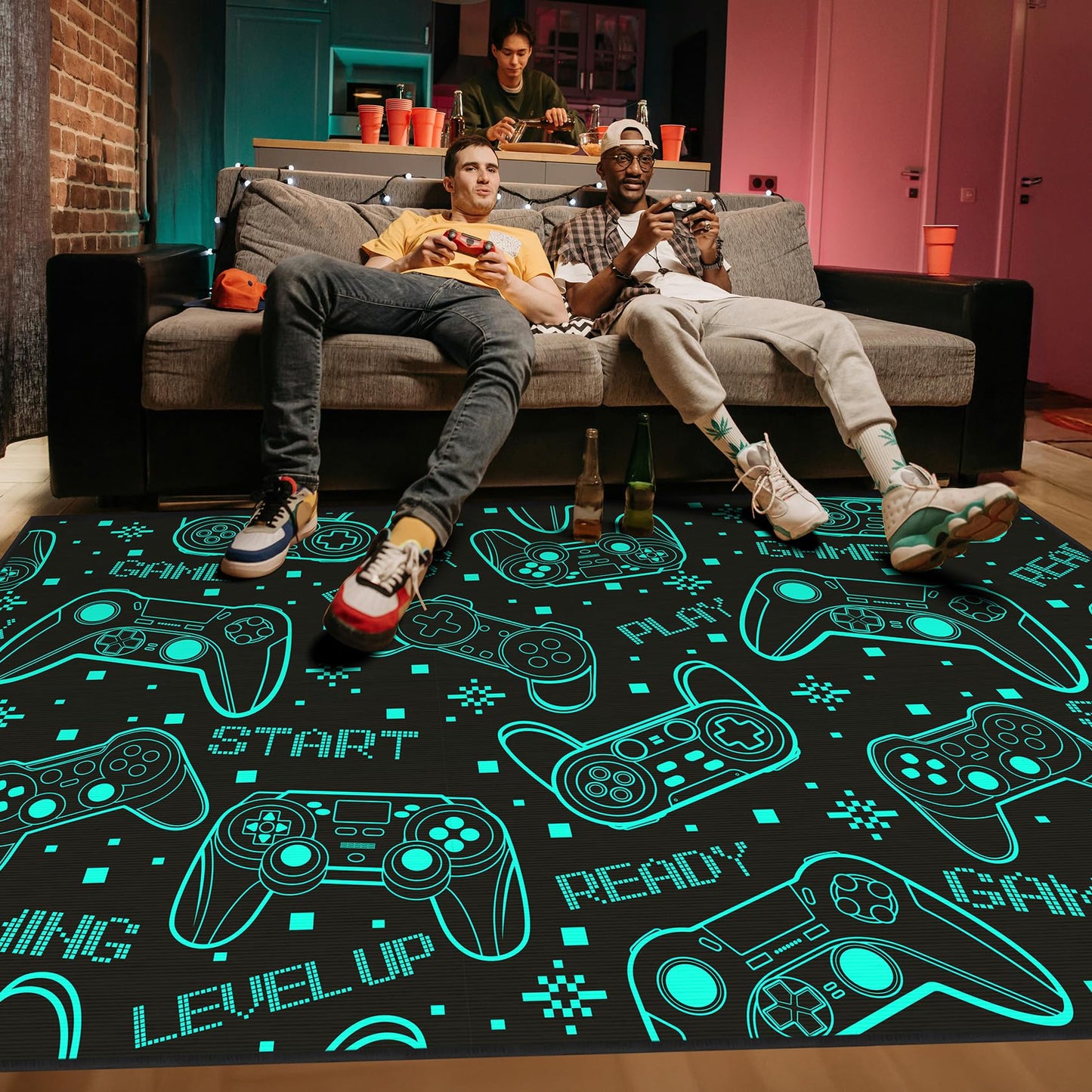 Auetwyona 4x6 Gaming Rug for Boys Room - 3D Printed Games Theme Fluorescent Green Gamer Area Rug for Livingroom Teen Boy Gamer Room Rug Decor Video Game Area Carpet for Bedroom,Game Room