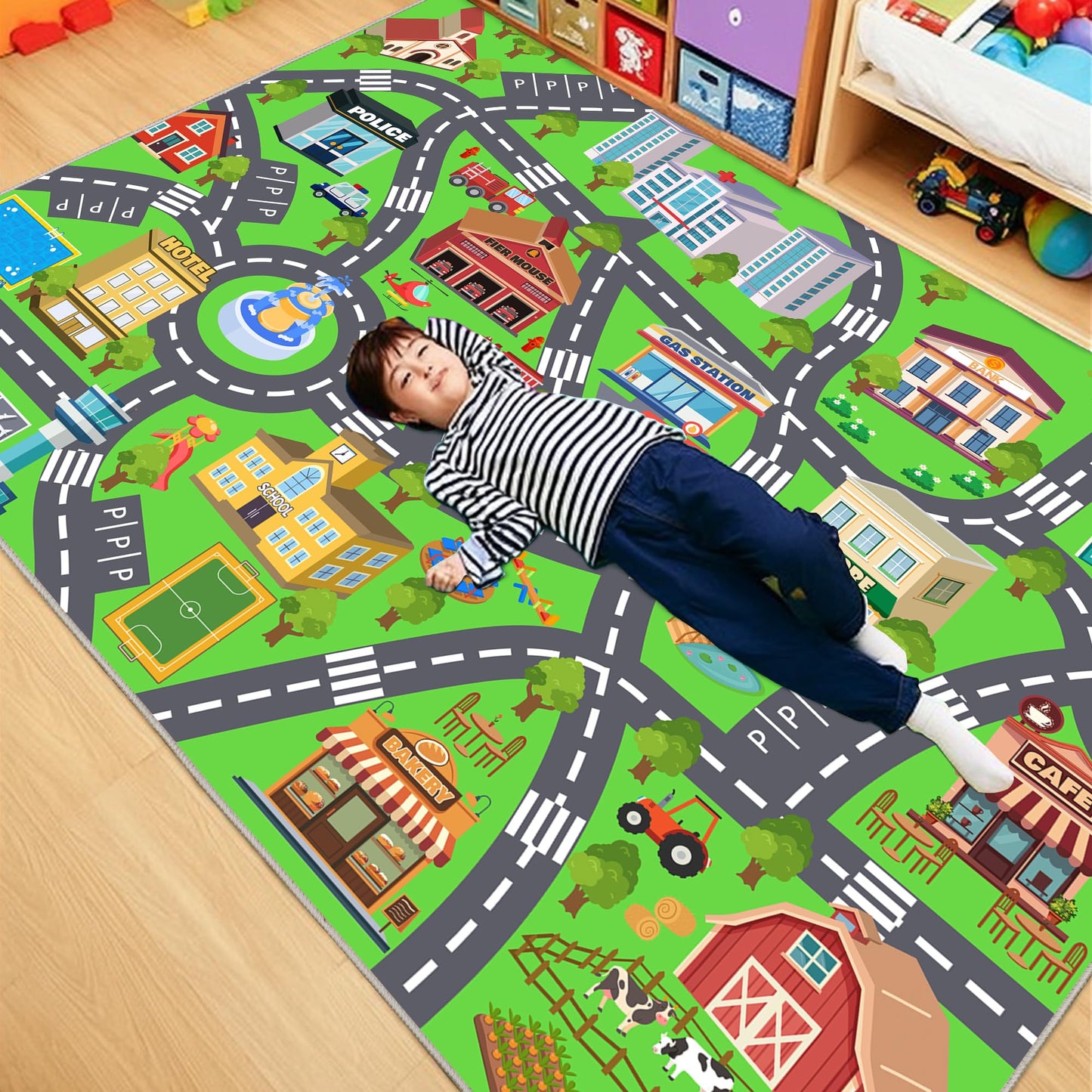 OHDS Kids Rugs for Playroom - Soft & Non-Slip 8x10 Feet Town City Map Road Rug Cars Play Mat, Childrens Road Catpet Washable Rug for Classroom Nursery Bedroom Boys