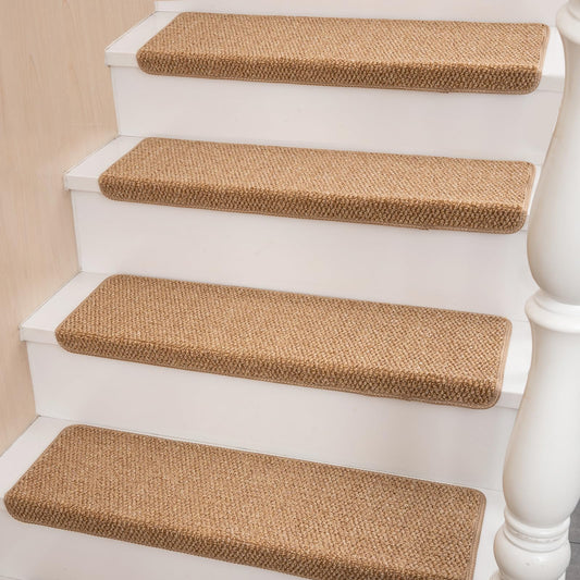 Hopeviva Bullnose Carpet Faux Sisal Stair Treads | Set of 14 | Stair Treads for Wooden Steps Indoor Anti Slip Braided Staircase Protector Pet Friendly Rugs Covers 9.44" X 29.5"x 1.9",Golden