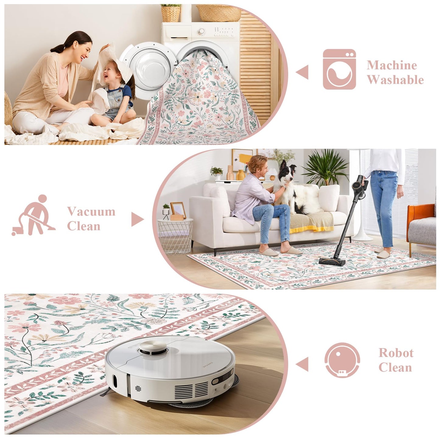SHACOS Pink Floral Area Rugs 5x7 Nursery Rug, Machine Washable Boho Rugs for Bedroom, Non Slip Soft Floral Low-Pile Carpet for Living Room Kids Room Dining Room Entryway Indoor