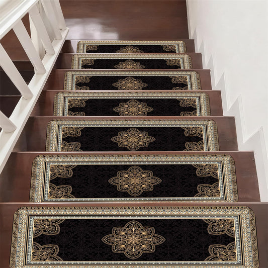 Vintage Yellow Black Flower Damask Mandala Stair Treads for Wooden Steps Non Slip Washable Carpet Stair Treads 8" x 30", Self Adhesive Indoor Stair Runners for Kids Elders and Dogs 15 Pack