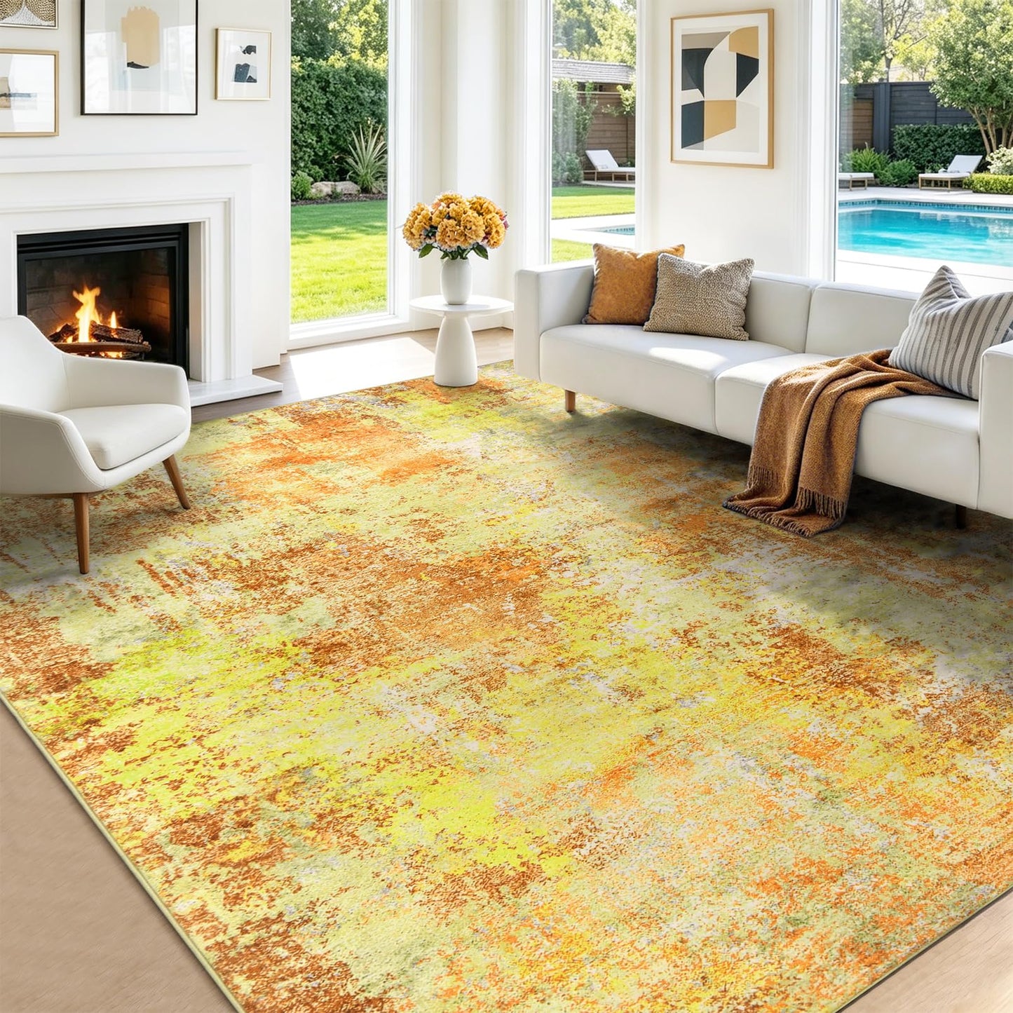 Washable Area Rug Living Room Rugs 5X7 - Neutral Modern Abstract Rugs Soft Carpet with Non Slip Backing for Under Dining Room Table, Bedroom, Home, Office, Yellow Brick