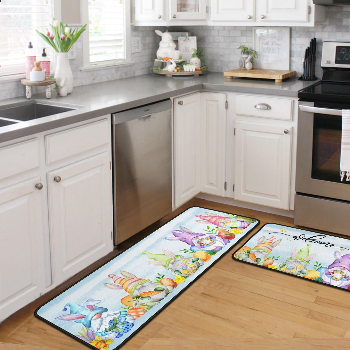 flippana Easter Kitchen Rugs and Mats for Floor Non-Slip Backing Easter Gnome Mat Easter Decorations for Home Welcome Spring Kitchen Rug Sets with Runner (Happy Easter 06, 17"x47.2"+17"x30")