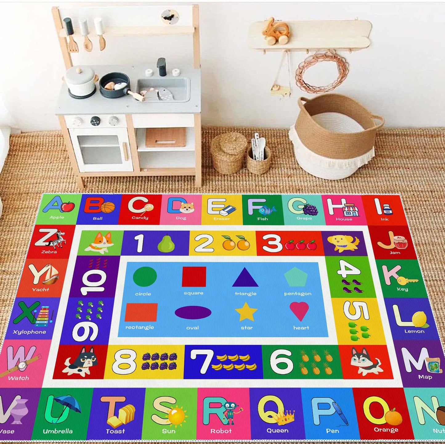 Sejiarep ABC Kids Play Rug - Number Alphabet Shape Fruit Learning Educational Area Rug - Large Non-Slip Kids Room Play Mat (Alphabet, 4' x 2'7" (Rectangular))