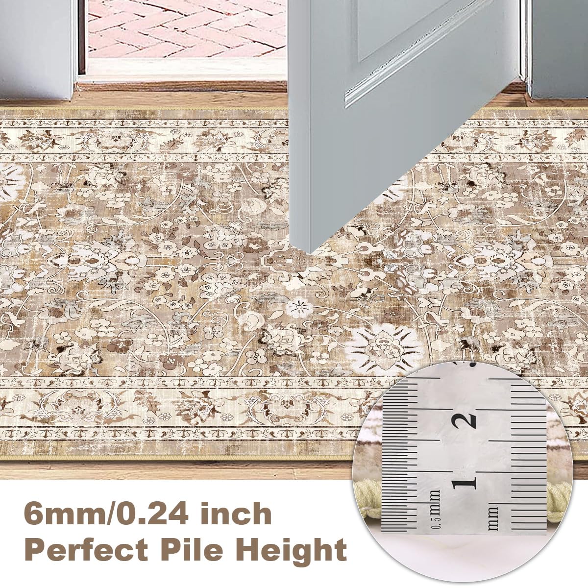 LOKHOM Washable Runner Rug, 2x6 Non-Slip Vintage Hallway Runner Rug with Rubber Backing, Boho Floral Soft Faux Wool Kitchen Rug Carpet Runner for Kitchen Laundry Entryway Bedroom (Beige Brown)
