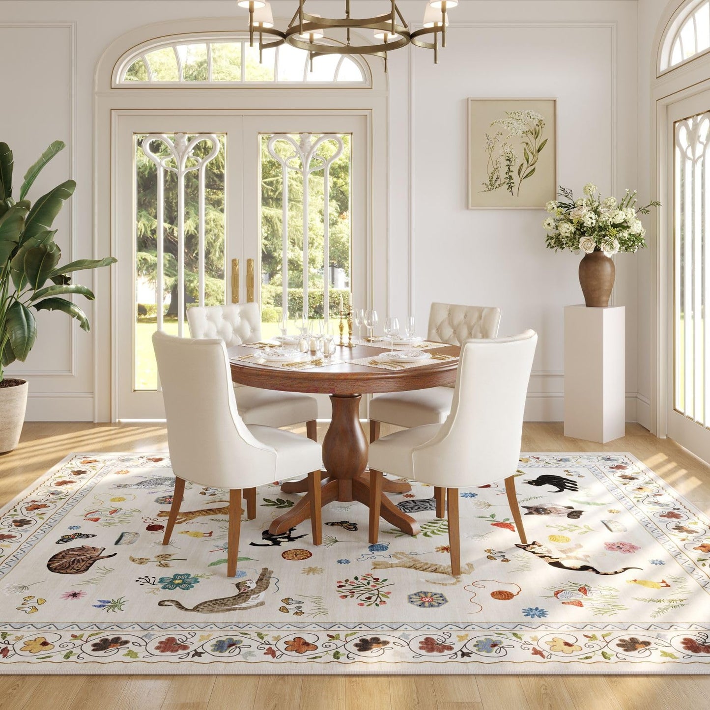 Rugcomf Living Room Rug 5x7 Rug Machine Washable Boho Area Rug Non Slip Floral Animal Cat Vintage Low Pile Large Rugs for Living Room Bedroom Farmhouse Dining Room Kids Playroom, Beige