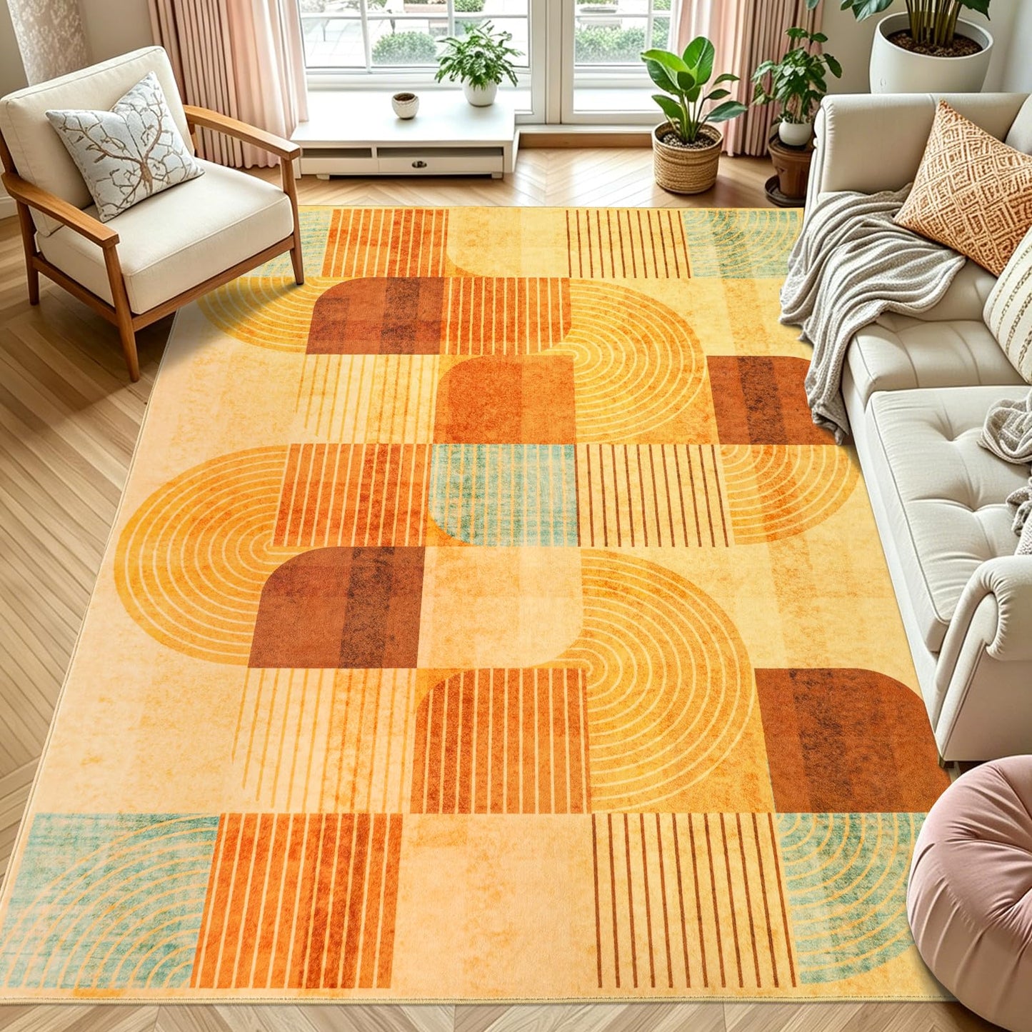 OHDS 5x7 Area Rugs for Living Room, Soft Modern Geometric Rug for Bedroom, Washable Non-Slip Indoor Floor Abstract Carpet for Dining Room Nursery Home，Multi/Orange