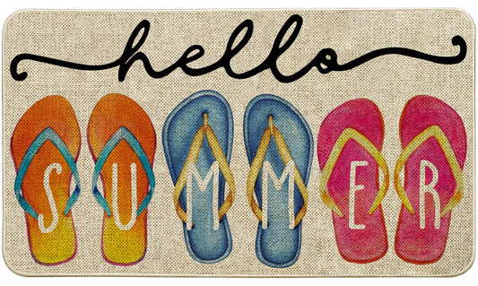 Baccessor Hello Summer Doormat Indoor Outdoor Rug Welcome Summer Flip Flops Decorative Front Door Mat Anti-Slip Rubber for Seasonal Kitchen Entrance Floor Decoration 17 x 29 Inch