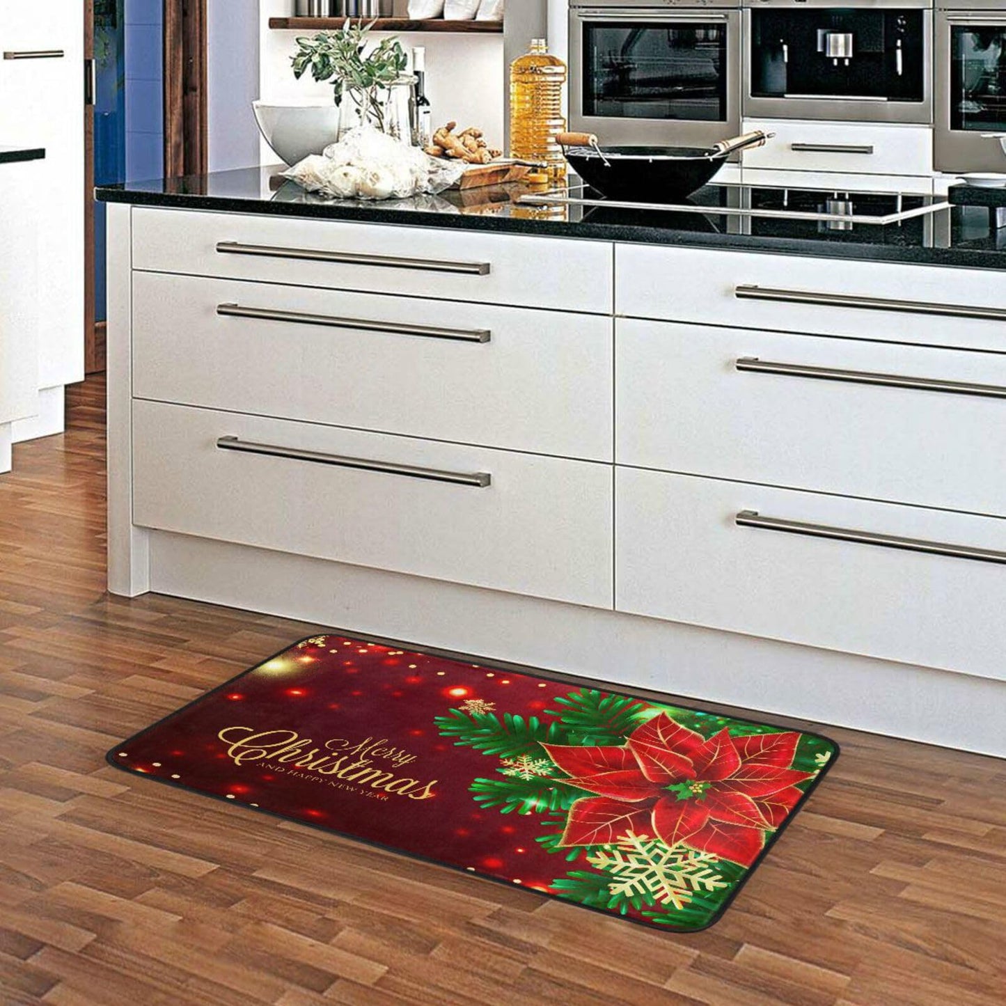 ALAZA Christmas Poinsettia and Snowflakes Kitchen Rugs Non Slip Soft Kitchen Floor Mats Standing Mat Bath Rug Runner Doormats Carpet for Home Decor 39 X 20 inch