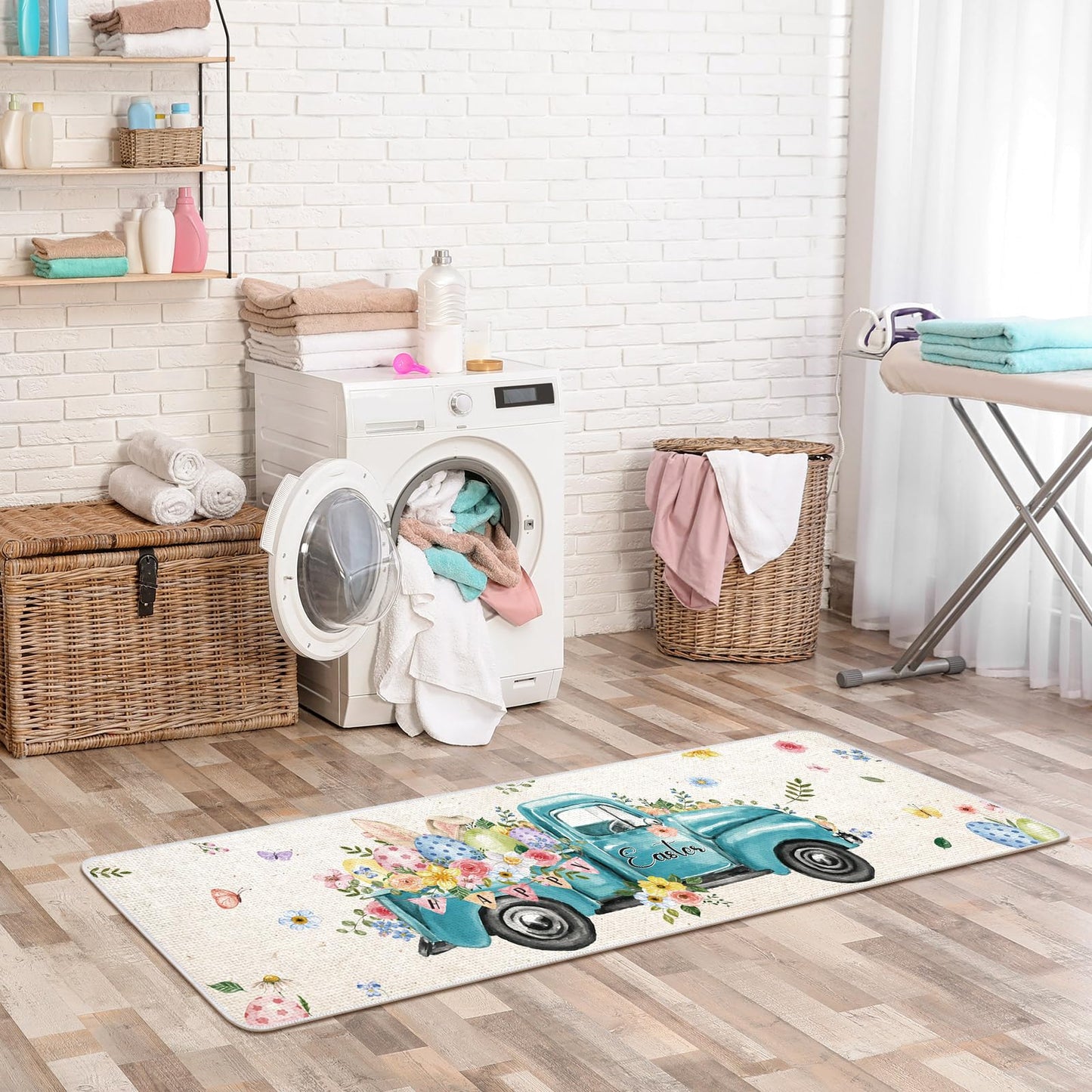 Drydiet 2 Pcs Easter Kitchen Mats Non Slip Washable Kitchen Rugs and Mats Truck Easter Egg Decorative Kitchen Floor Mat Seasonal Doormat for Home Bathroom Holiday Easter Party Decoration