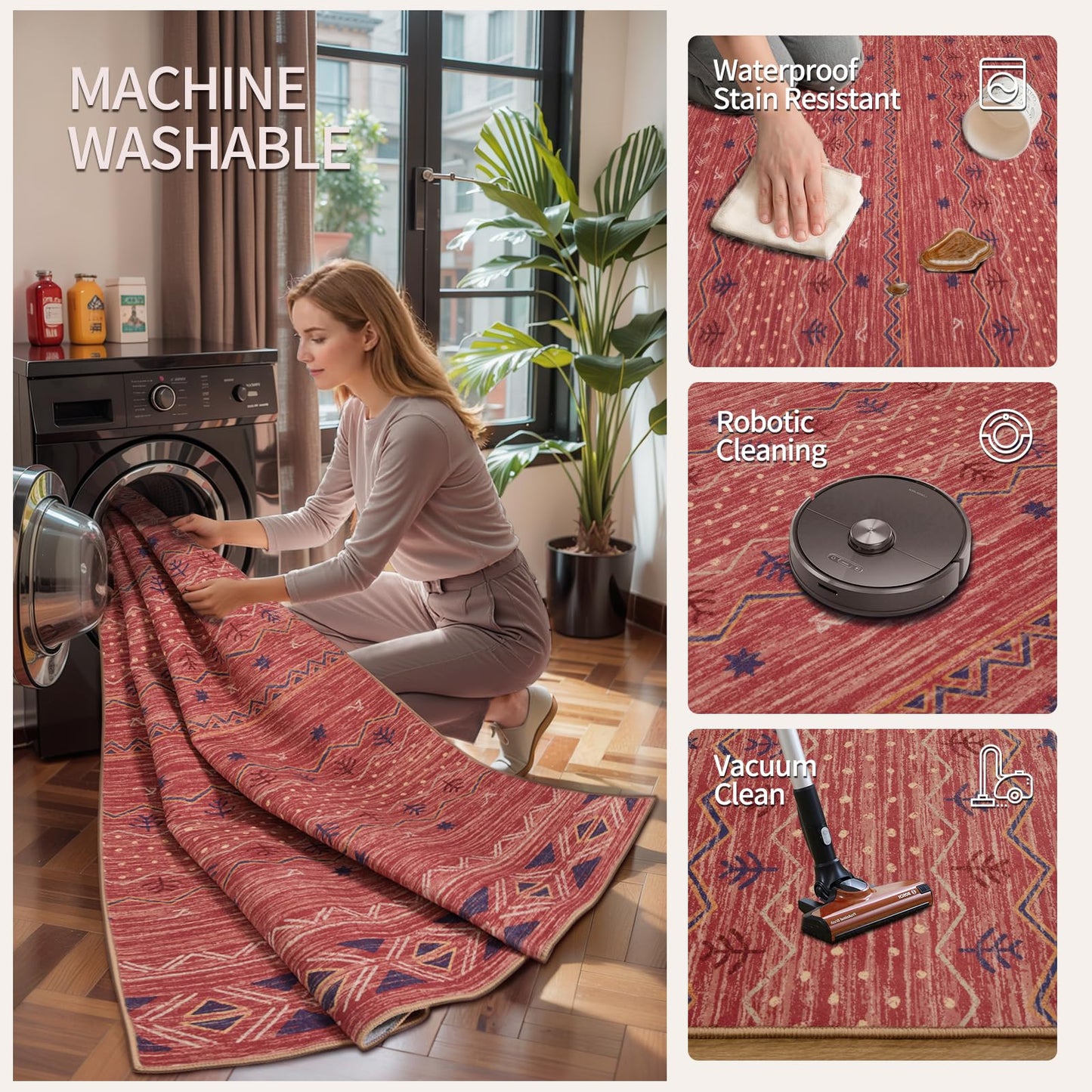 SERISSA 2x5 Kitchen Runner Rug, Washable Non-Slip Red Ochre Boho Rug, Soft Low-Pile Geometric Indoor Carpet for Hallway Laundry Room Bathroom Bedroom Entryway