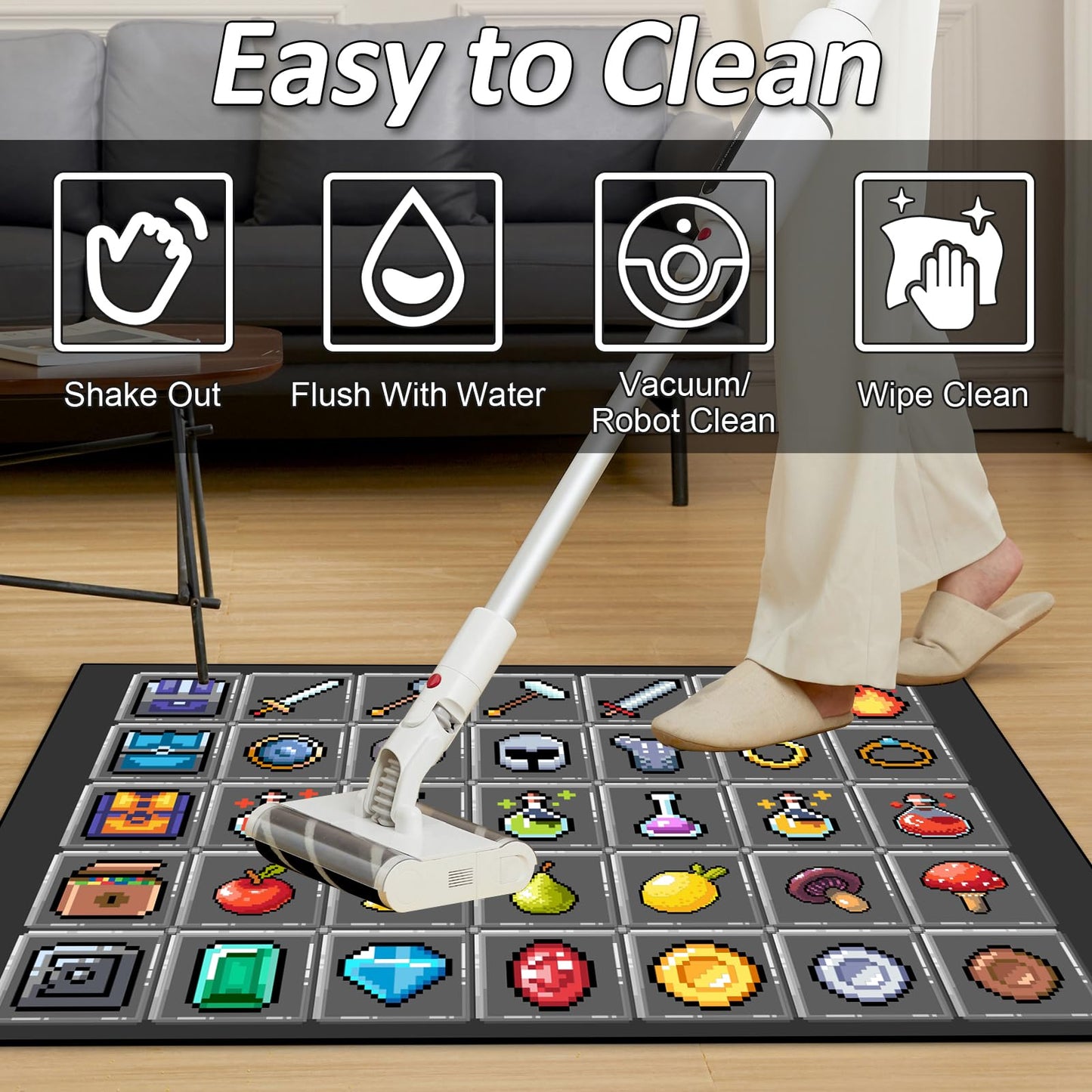 DRVAKO Game Rug Teen Boys Carpet with Pixel Games Element Items Decoration Mat, Weapon Medical Game Rugs for Boy’s Bedroom Living Room Playroom, Non-Slip Children Gaming Area Rugs (Grey, 60" x 40")