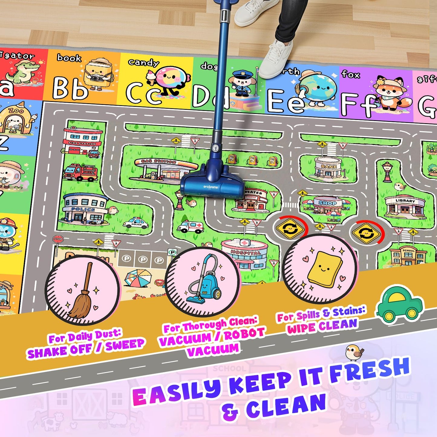 Kids Car Rug for Playroom, Bedroom, Classroom, 8x10 Kids Play Mat with Road, ABC, Buildings, Car Road Carpet, Educational Toddler Rug for Boys, Girls