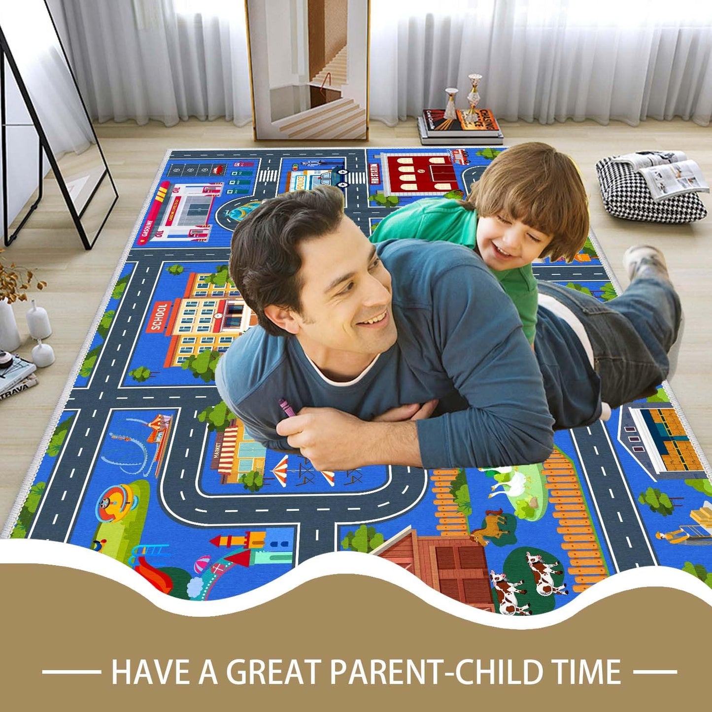 VNUVCOE Kids Road Car Rug, 31''x47'' Playroom Rugs City Road Race Track Rugs for Playing Cars Toys, Kids Car Rug Play Mat Road Carpet for Kid.
