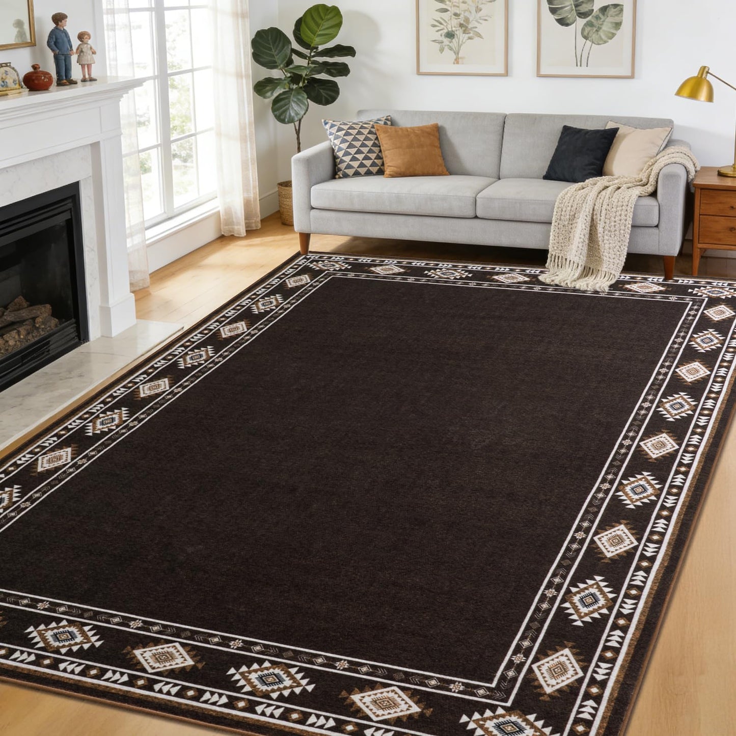 QDUIDU Large Area Rug for Bedroom Living Room, 4x6 Feet Ultra Soft Brown Rugs Washable Modern Geometric Bordered Non Slip Low Pile Carpets Home Decor