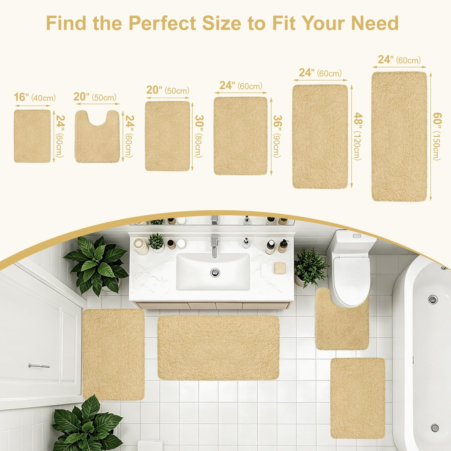 MondayRug Bathroom Rugs Non Slip 24"x16", Absorbent Bath Mats Quick Dry, Shaggy Microfiber Bath Rugs,Extra Soft Plush, Machine Washable Bath Mats for Bathroom Floor, Tub and Shower, Light Yellow