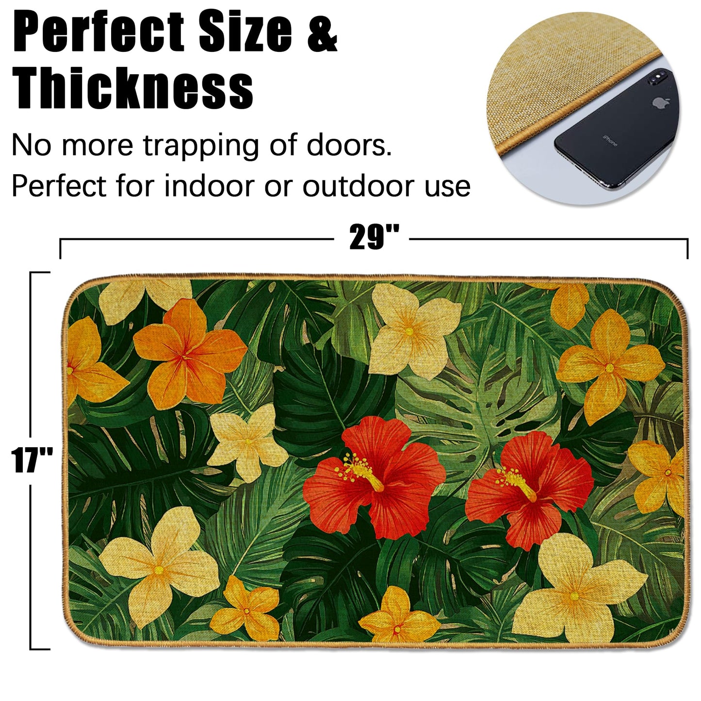 Tropical Palm Leaves Indoor Outdoor Door Mat,Hibiscus Flower Front Floor Mat Non-Slip Absorbent Low-Profile Washable Inside Entrance,Linen Sturdy Soft Entry Doormat for Entryway