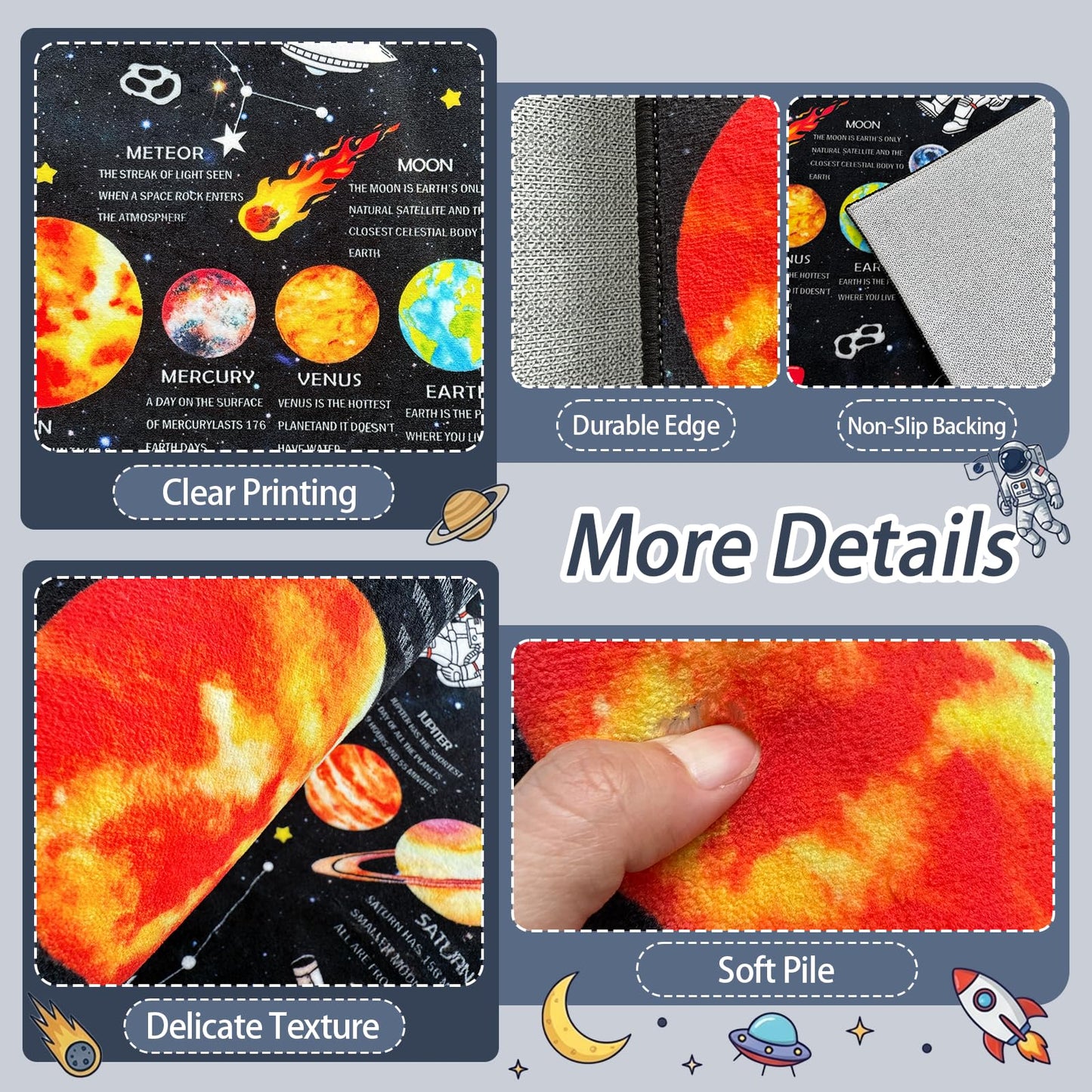 5x7 Ft Space Kids Rug for Boys Room, Playroom, Classroom, Nursery, Daycare, Educational Non-Slip Play Mat Carpet for Children Toddler Leaning Solar System, Washable & Soft Galaxy Star Rug-Faux Wool