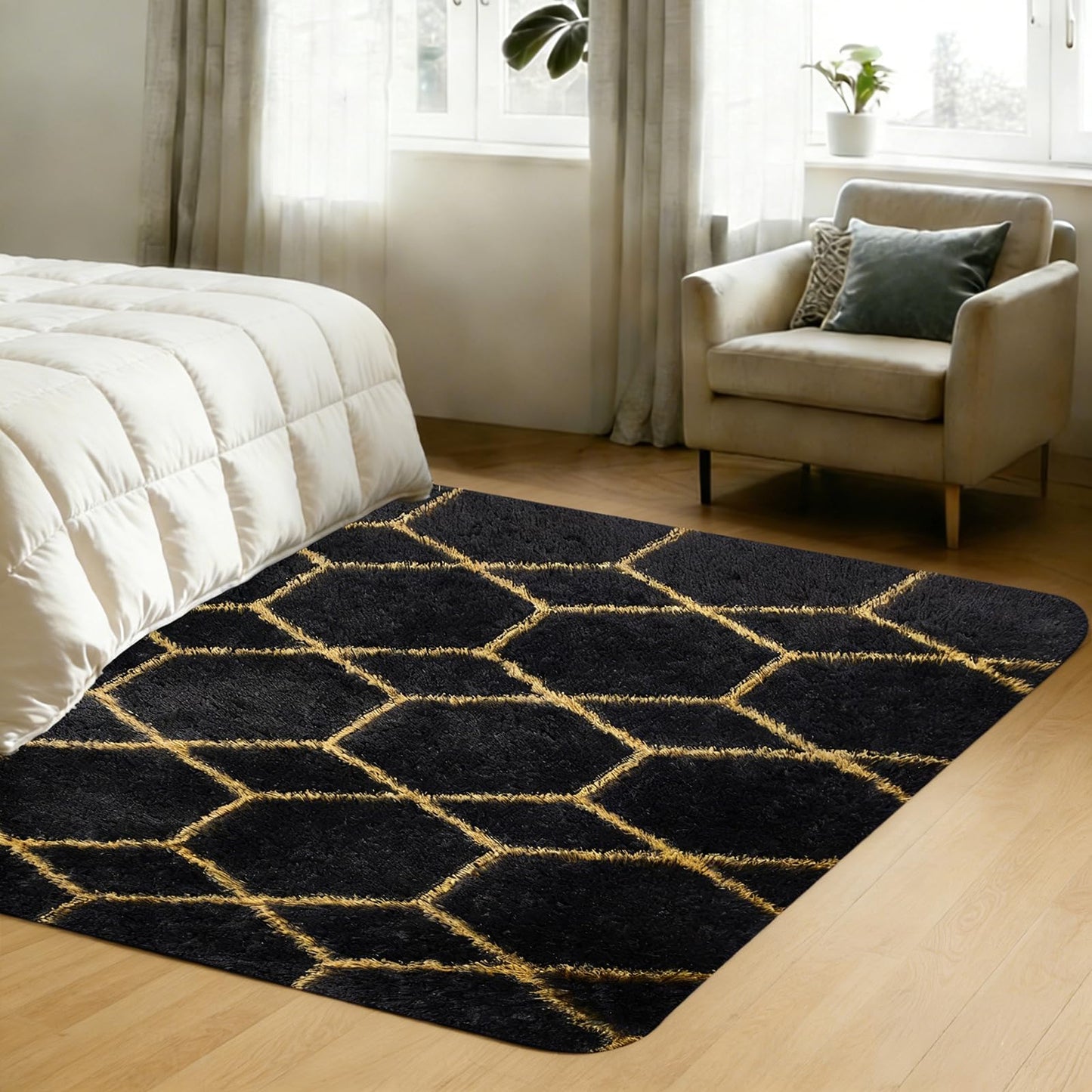 5x7 FT Soft Rug for Living Room, Geometric Shag Soft Area Rug, Classic Rug Anti-Skid High Pile Fluffy Carpet for Kids Room Nursery, Dorm Home Decor